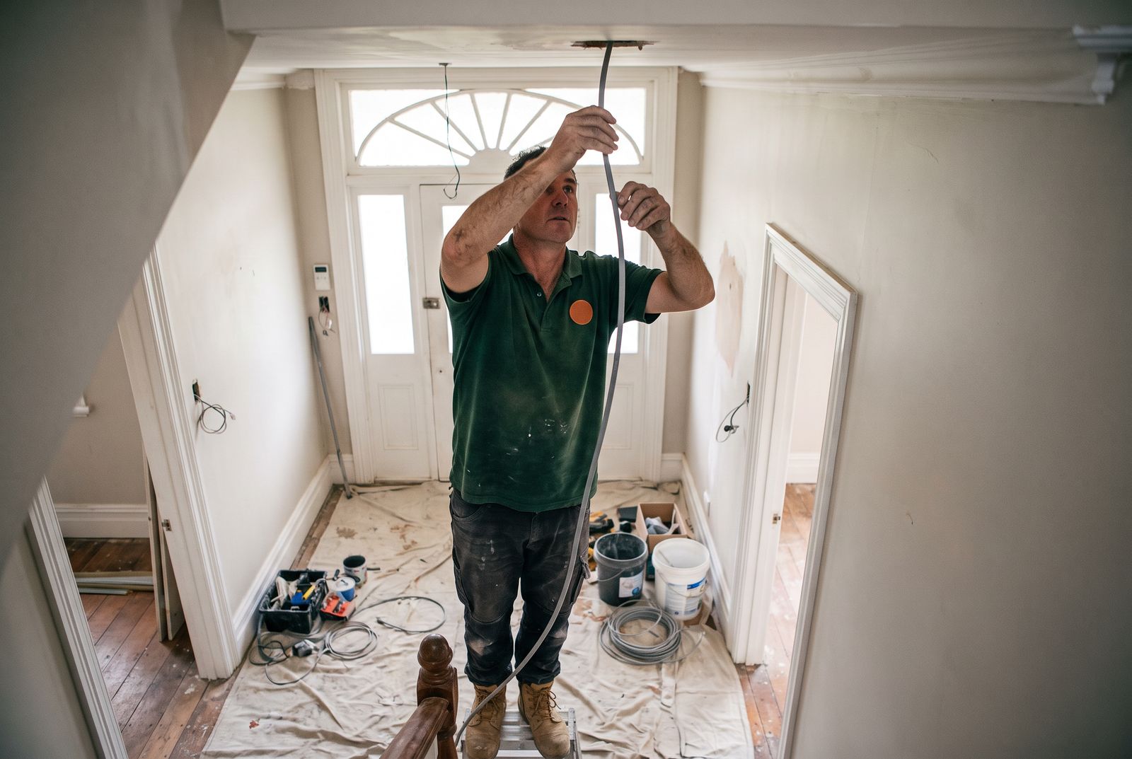 An electrician feeding new cable through a villa wall during a rewire